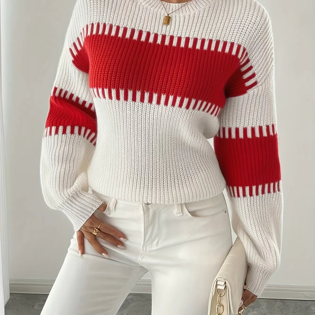 Dames trui | Gebreide sweater met strepen en ronde hals