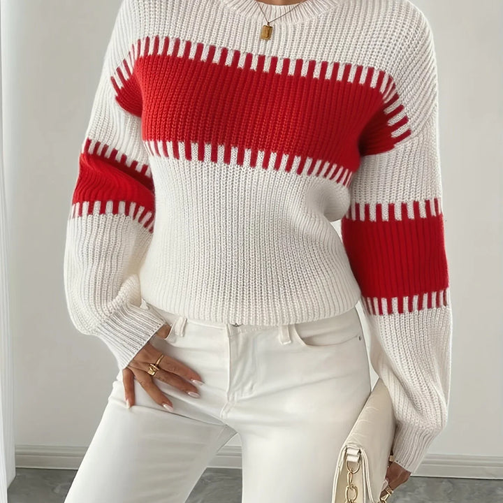 Dames trui | Gebreide sweater met strepen en ronde hals