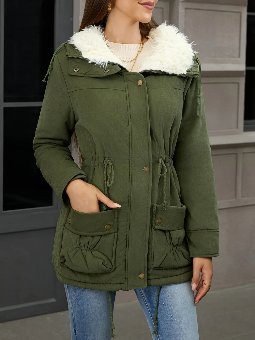 Dames parka jas | Donkergroene winterjas met fleece voering en zakken