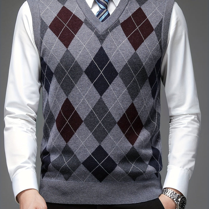 Heren pullover | Argyle gebreide trui zonder mouwen v-hals