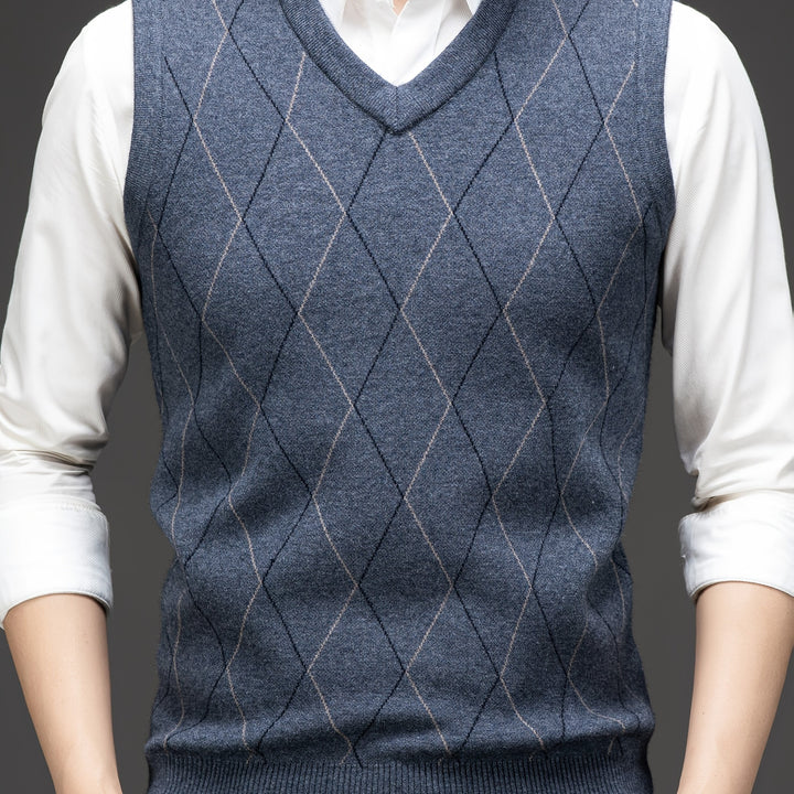 Heren pullover | Gebreide V-hals pullover met diamantpatroon