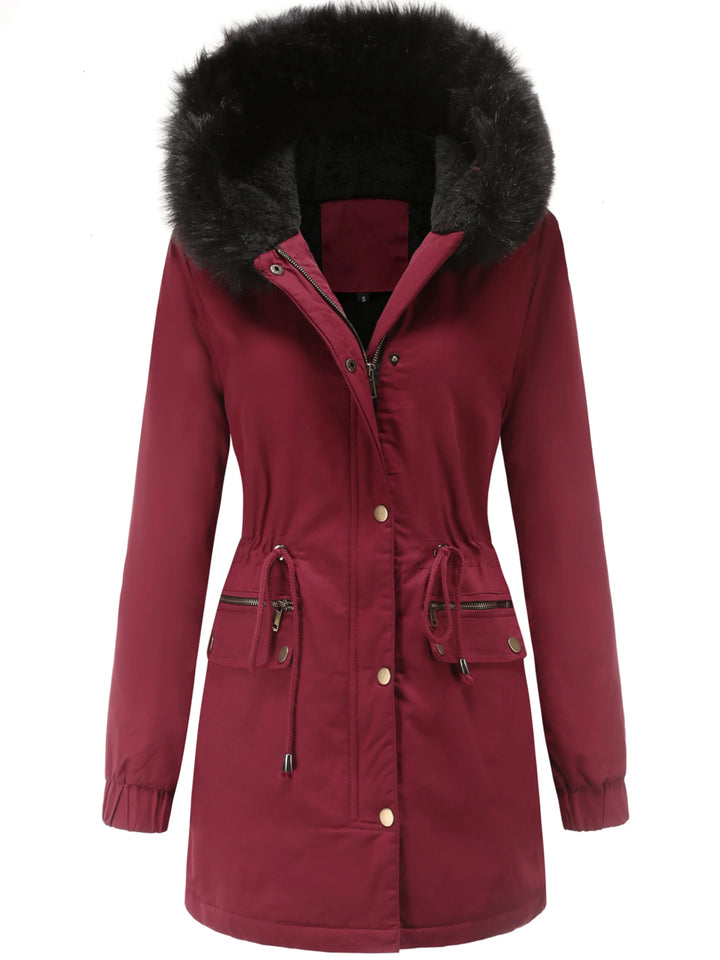 Dames parka jas | Lange winterjas met bontkraag en taillekoord