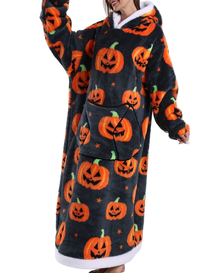 Oversized hoodie deken | Fleece trui met halloween pompoen print