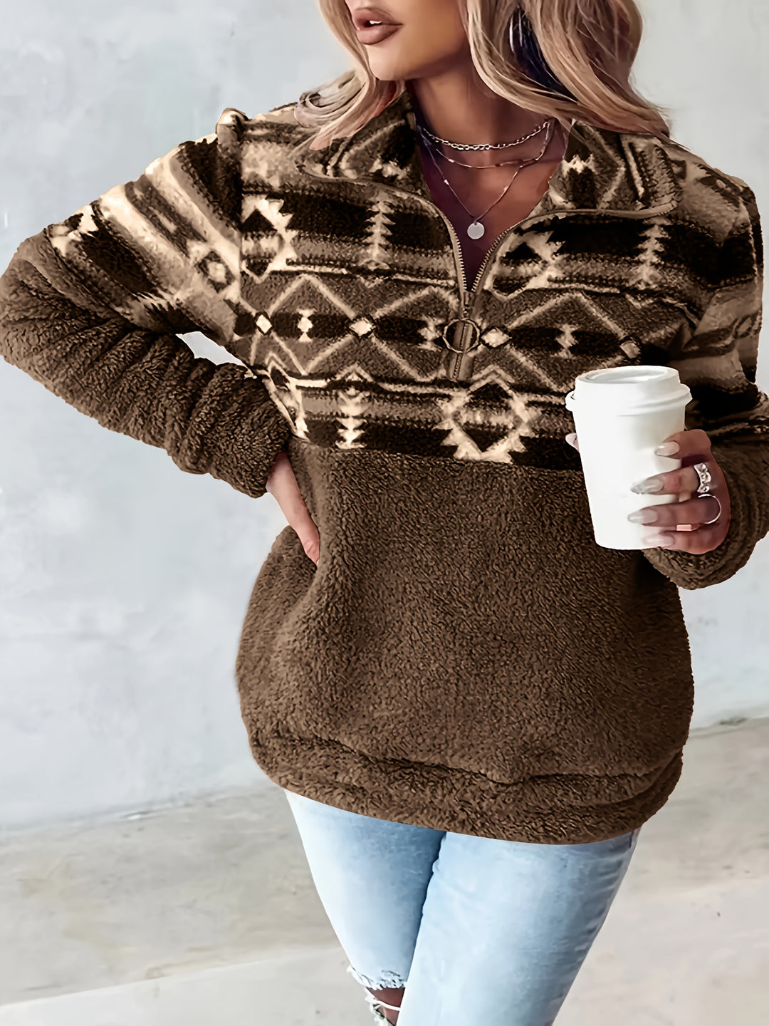 Dames sweater | Teddy fleece trui met halve rits en aztec print