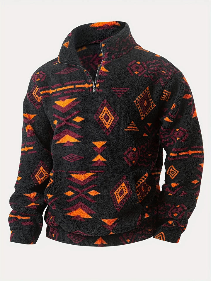 Heren fleece trui | Half zip bohemian sweater met geometrisch patroon