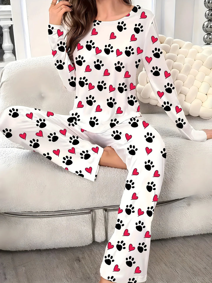 Dames pyjama set | Hartjes en pootafdruk print met lange mouwen