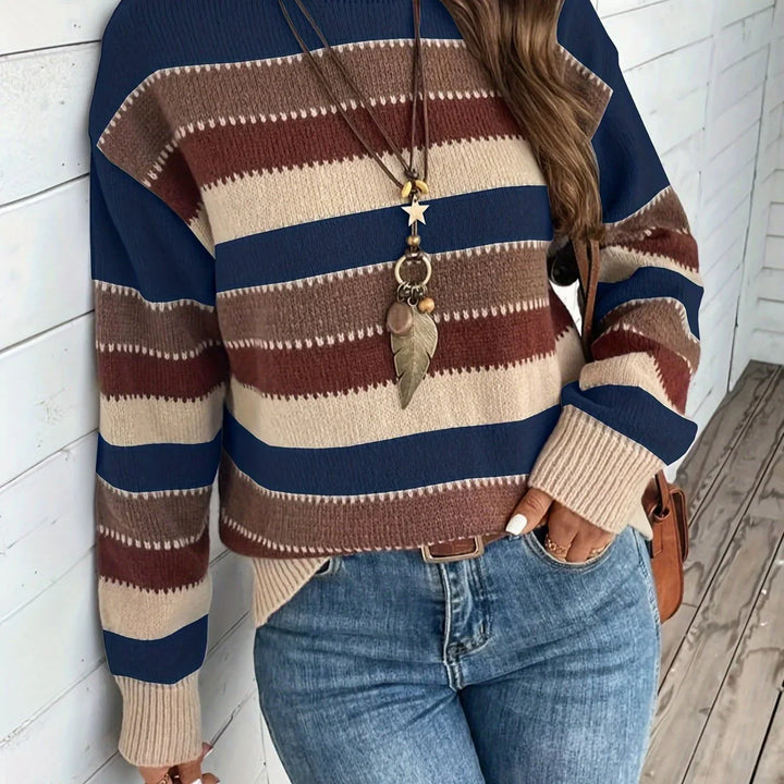 Dames trui | Gestreepte sweater met ronde hals in herfstkleuren