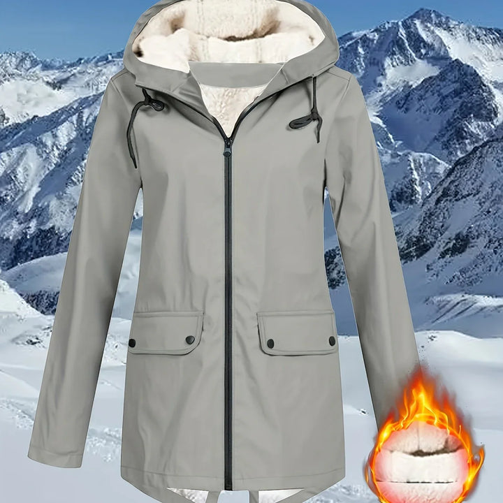Dames winterjas | Beige windbreaker met capuchon en teddyvoering