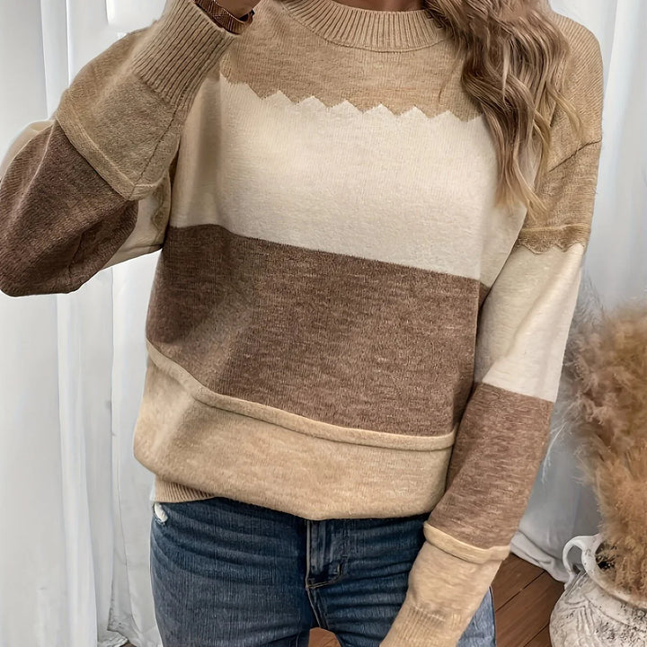 Dames trui | Beige colorblock sweater met ronde hals