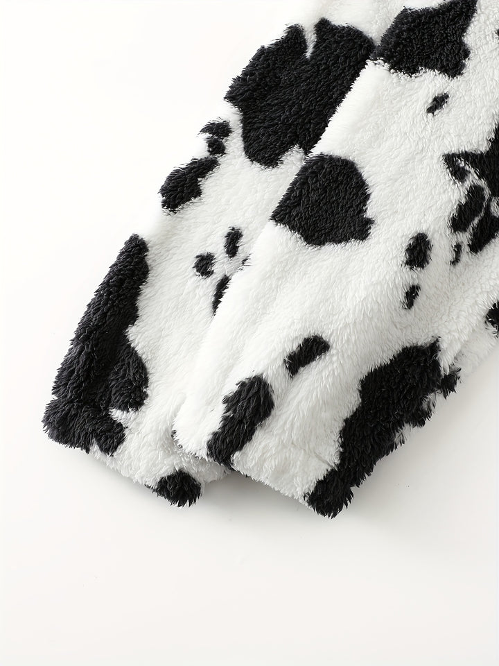 Dames zachte fleece hoodie met koeienprint & capuchon