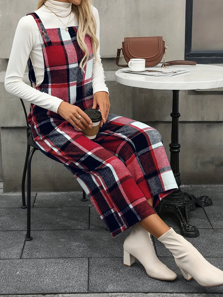 Dames jumpsuit | Ruit broekpak met square neck en wijde pijpen