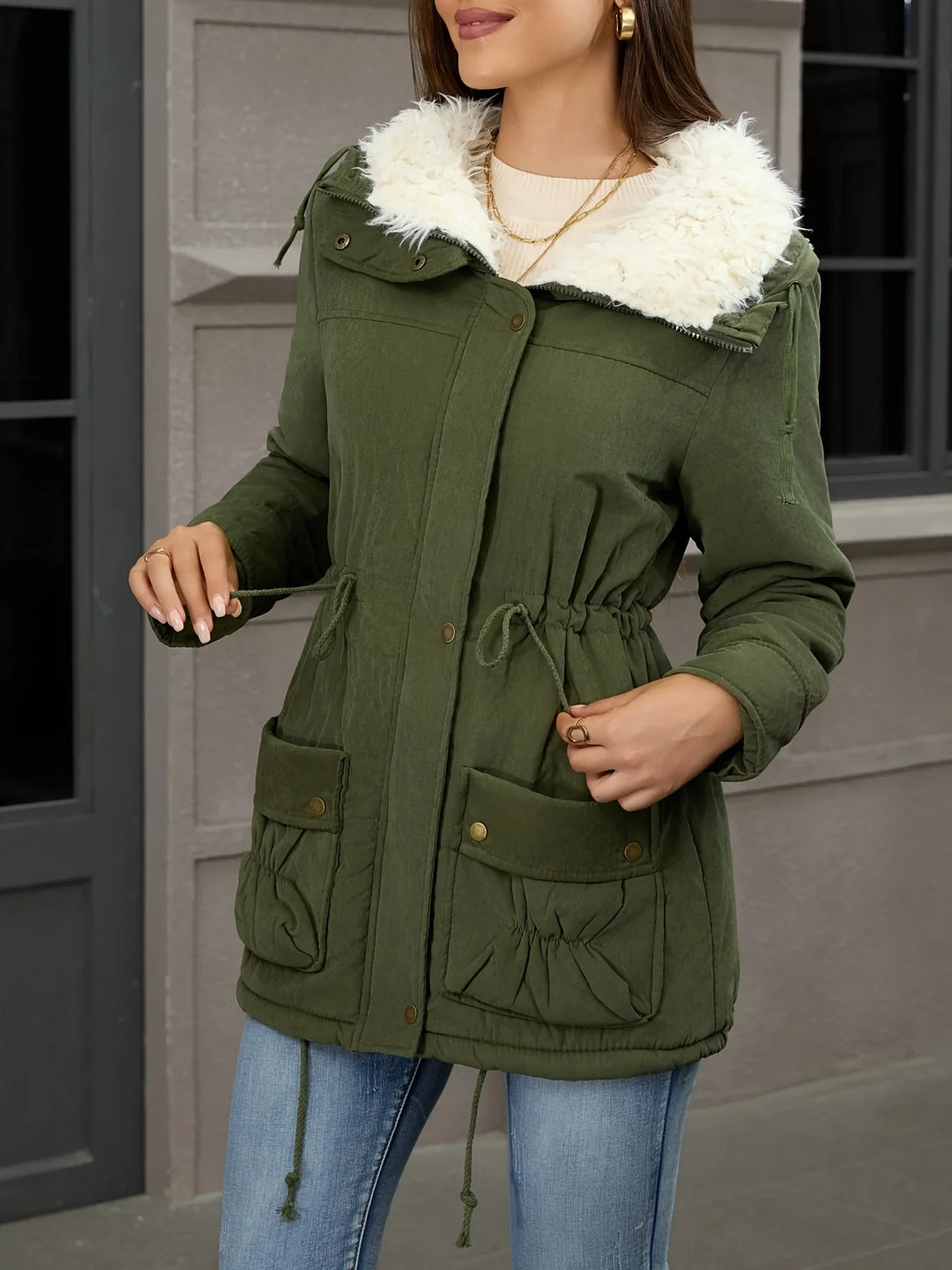 Dames parka jas | Donkergroene winterjas met fleece voering en zakken