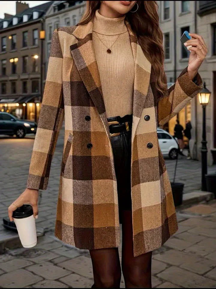 Dames winterjas | Geruite double-breasted coat in herfstkleuren
