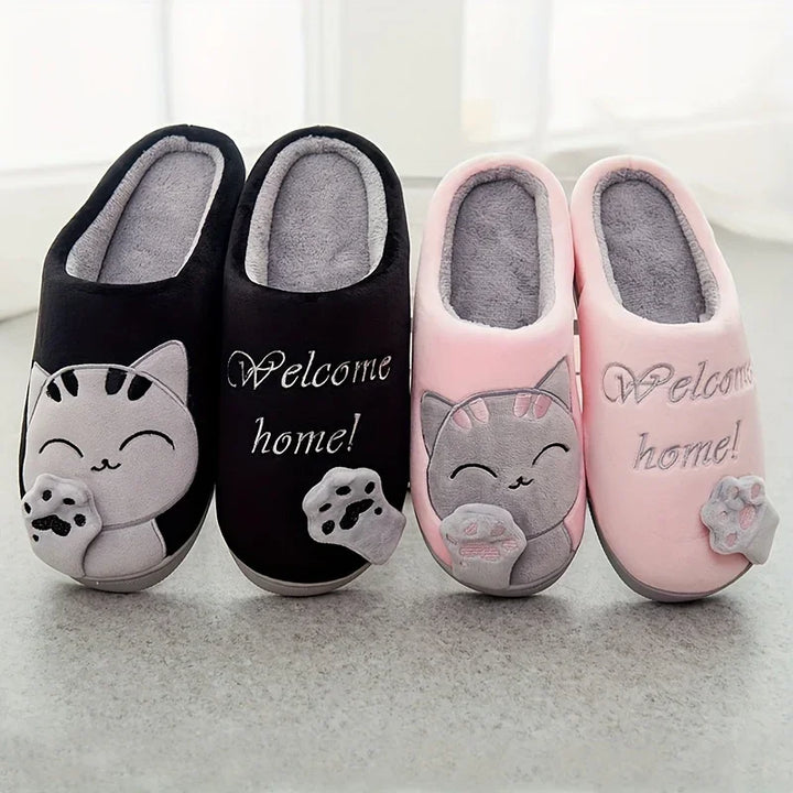 Warme pantoffels met kattenprint | Dames en heren sloffen met antislip zool