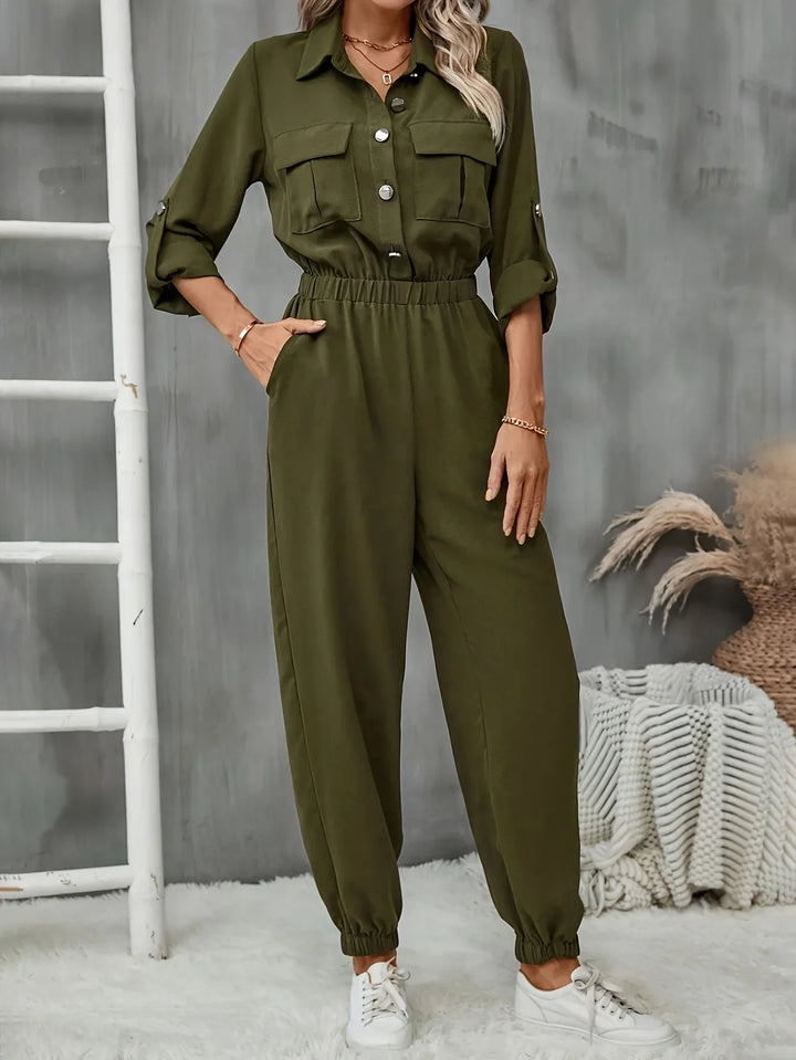 Dames jumpsuit | Olijfgroen broekpak met borstzakken en elastische taille