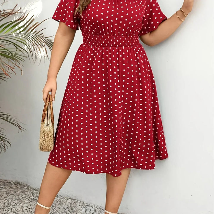 Dames jurk | Groene stippen jurk met elastische taille
