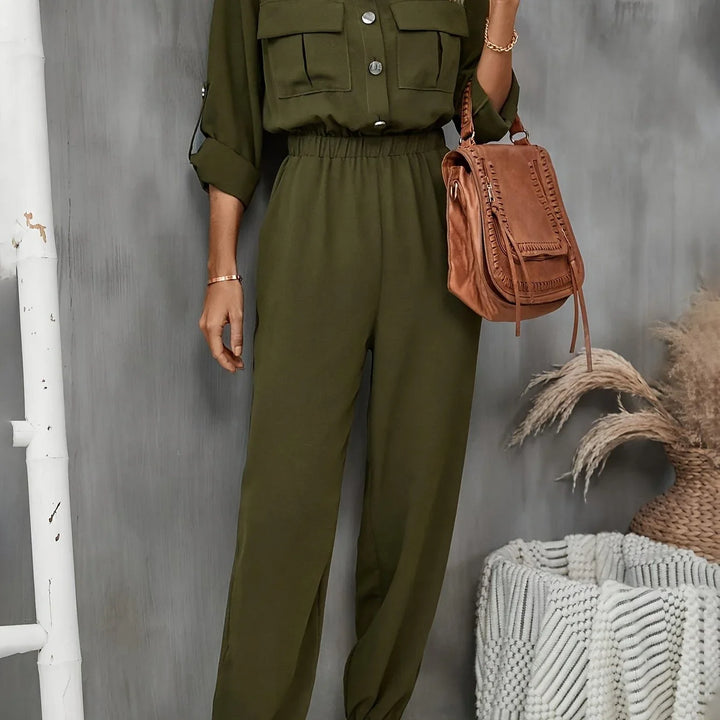 Dames jumpsuit | Olijfgroen broekpak met borstzakken en elastische taille