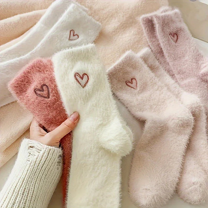 Warme dames sokken | Fluffy sokken met hartjes, 5-pack