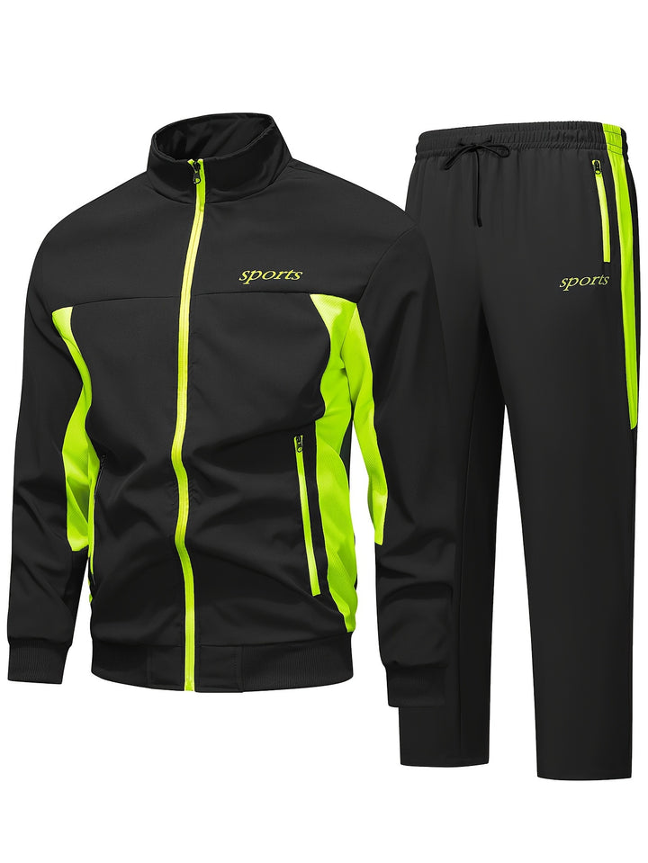 Heren trainingspak | Zwart sportpak met neon rits en broek