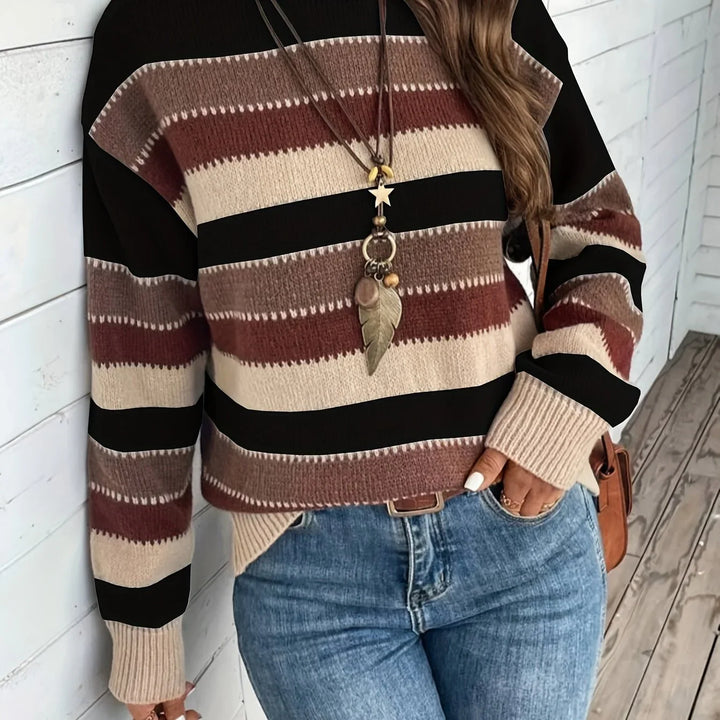 Dames trui | Gestreepte sweater met ronde hals in herfstkleuren