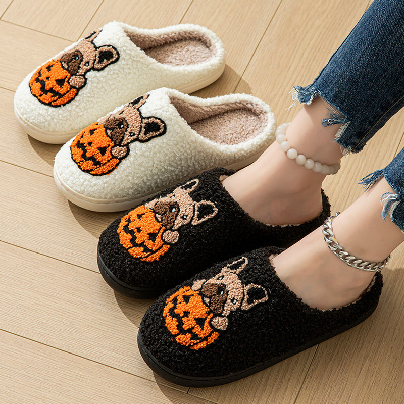 Pumpkin Pup Pantoffels | Warme dames sloffen met hond en pompoenprint