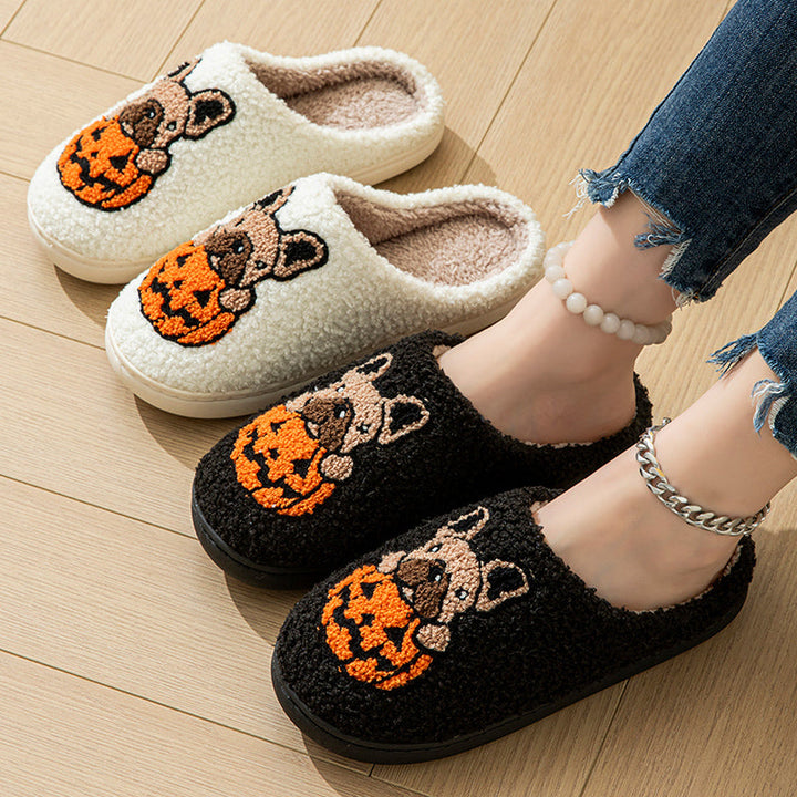 Pumpkin Pup Pantoffels | Warme dames sloffen met hond en pompoenprint