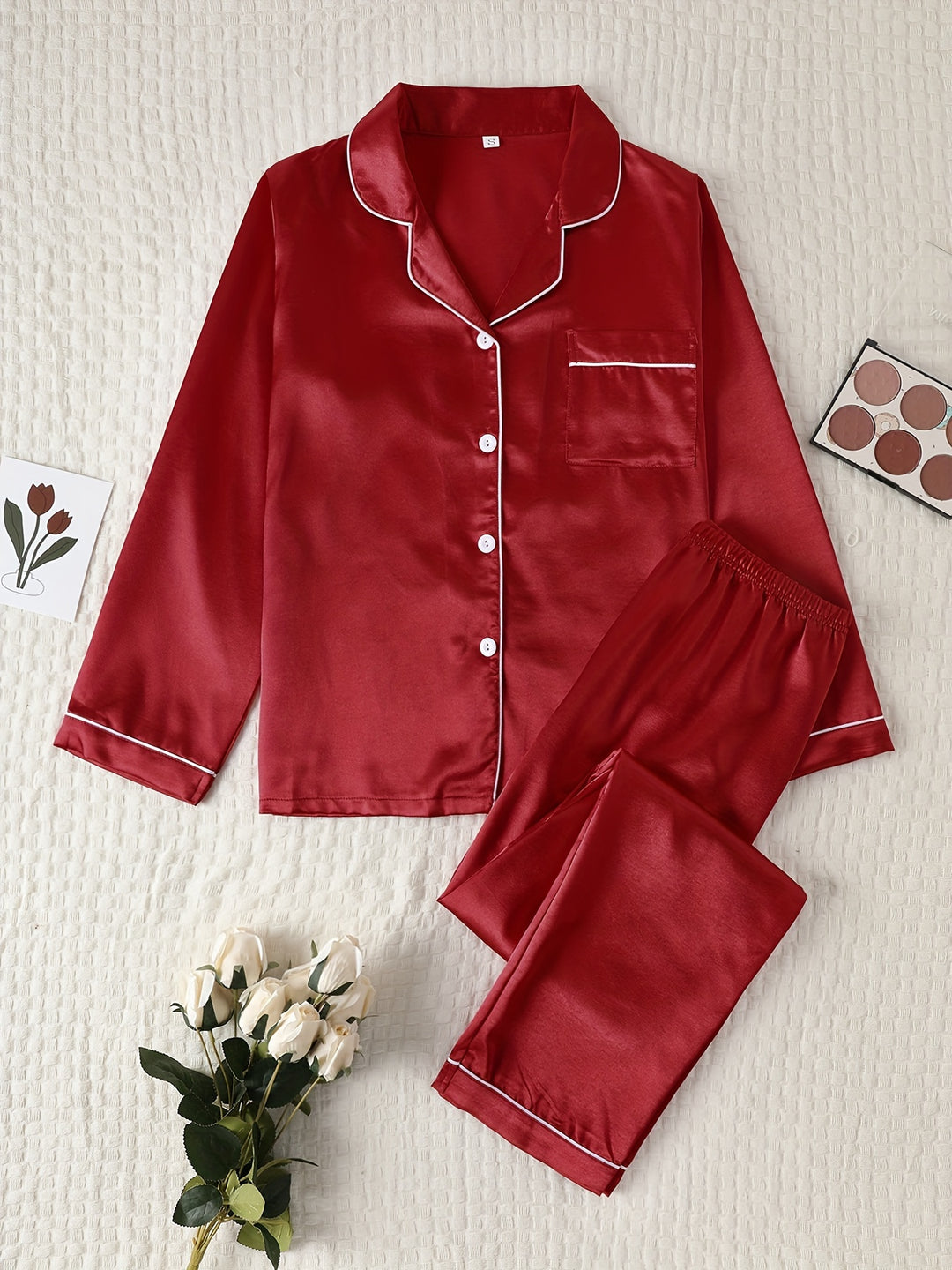 Dames pyjama set met satijnlook | Lange mouwen & knoopsluiting