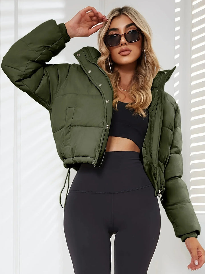 Dames puffer bomberjack | Beige gewatteerde winterjas met hoge kraag