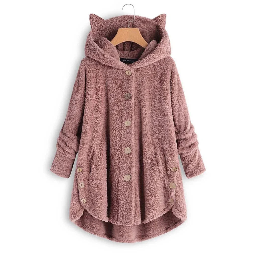 Dames teddy jas | Grijze fleece coat met capuchon