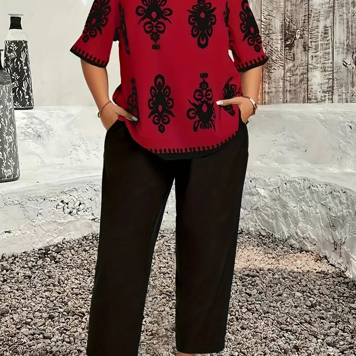 Dames set | Plus size co ord outfit met print top en broek
