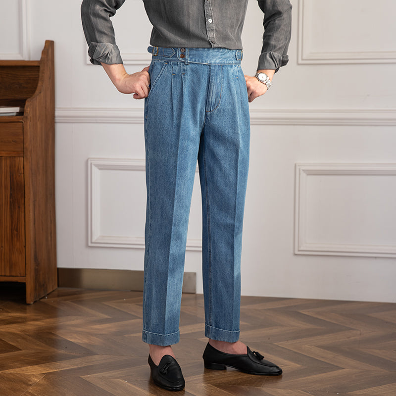 Vintage Denim Broek | Heren geplooide straight fit jeans
