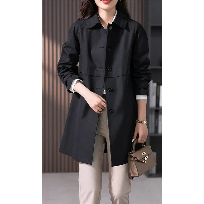 Dames trenchcoat | Zwarte jas met klassieke kraag en knopen