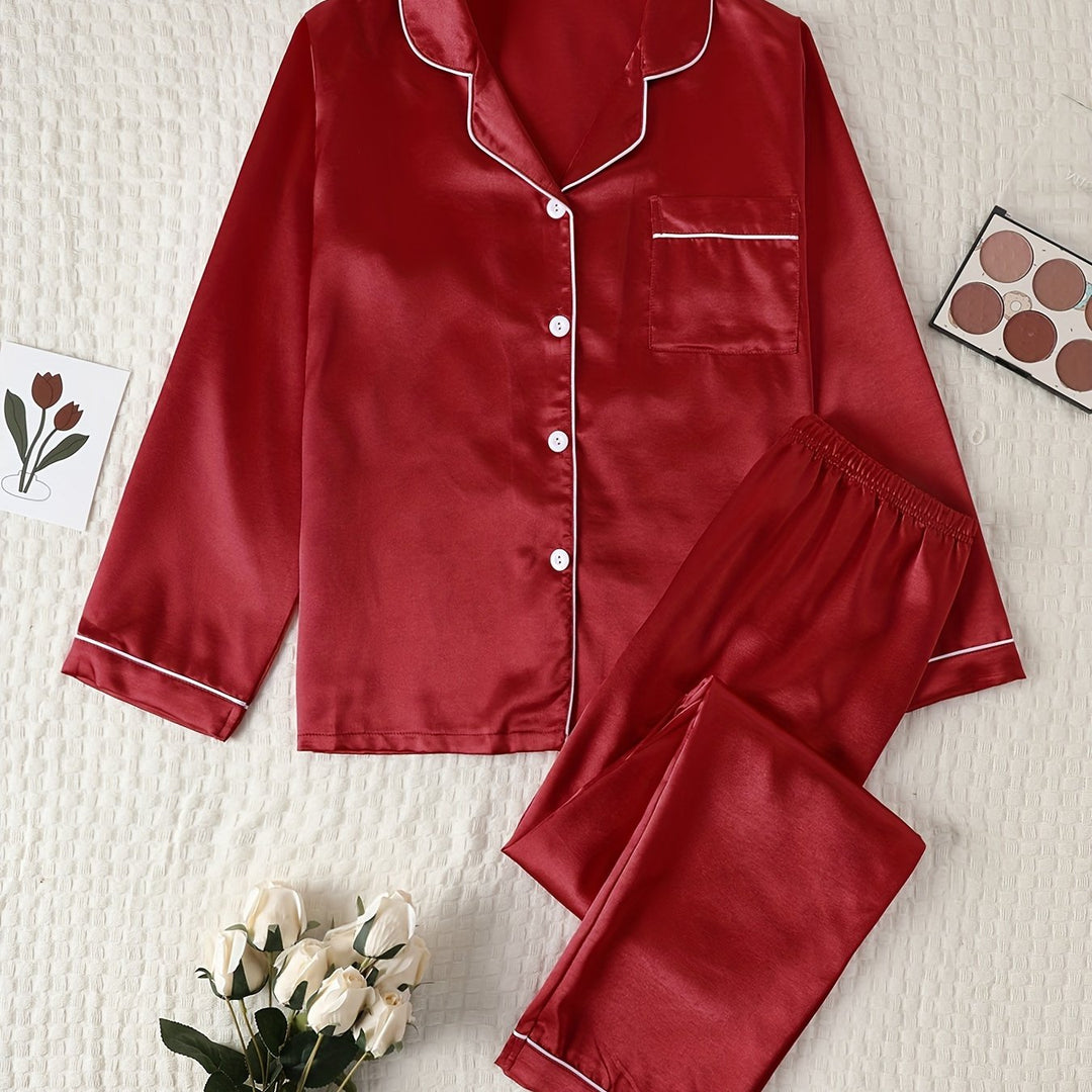 Dames pyjama set met satijnlook | Lange mouwen & knoopsluiting