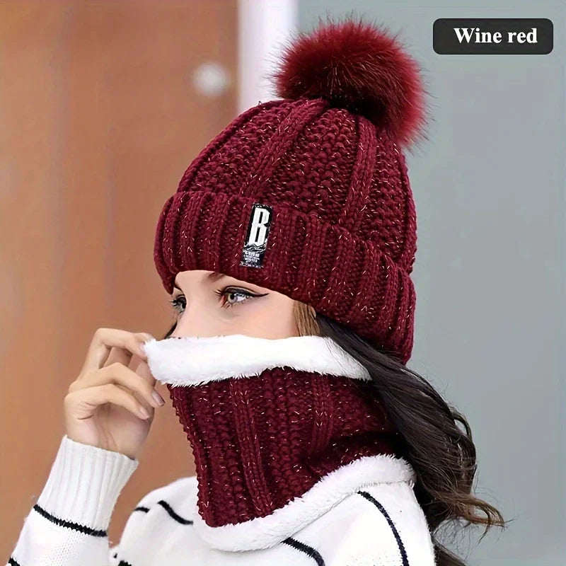 Gebreide wintermuts dames met pompon | Warme col sjaal set tegen kou