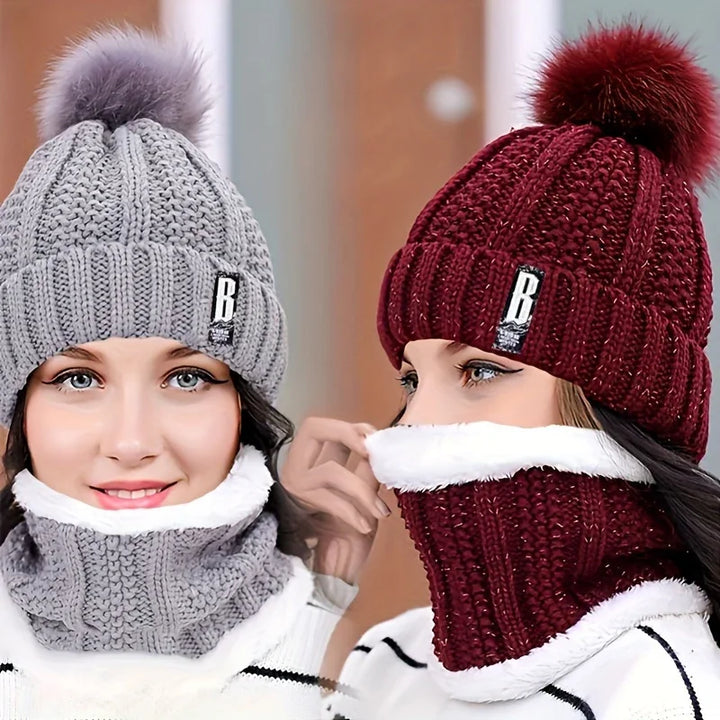 Gebreide wintermuts dames met pompon | Warme col sjaal set tegen kou