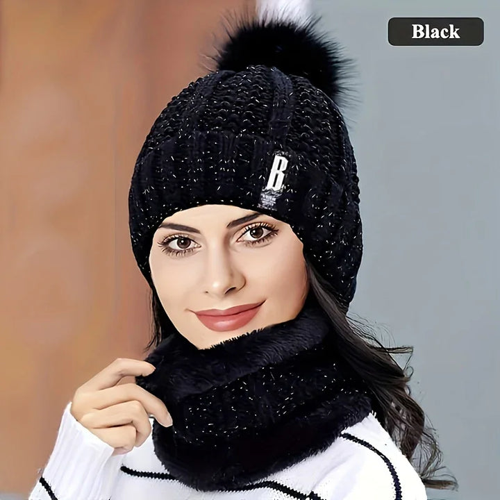 Gebreide wintermuts dames met pompon | Warme col sjaal set tegen kou
