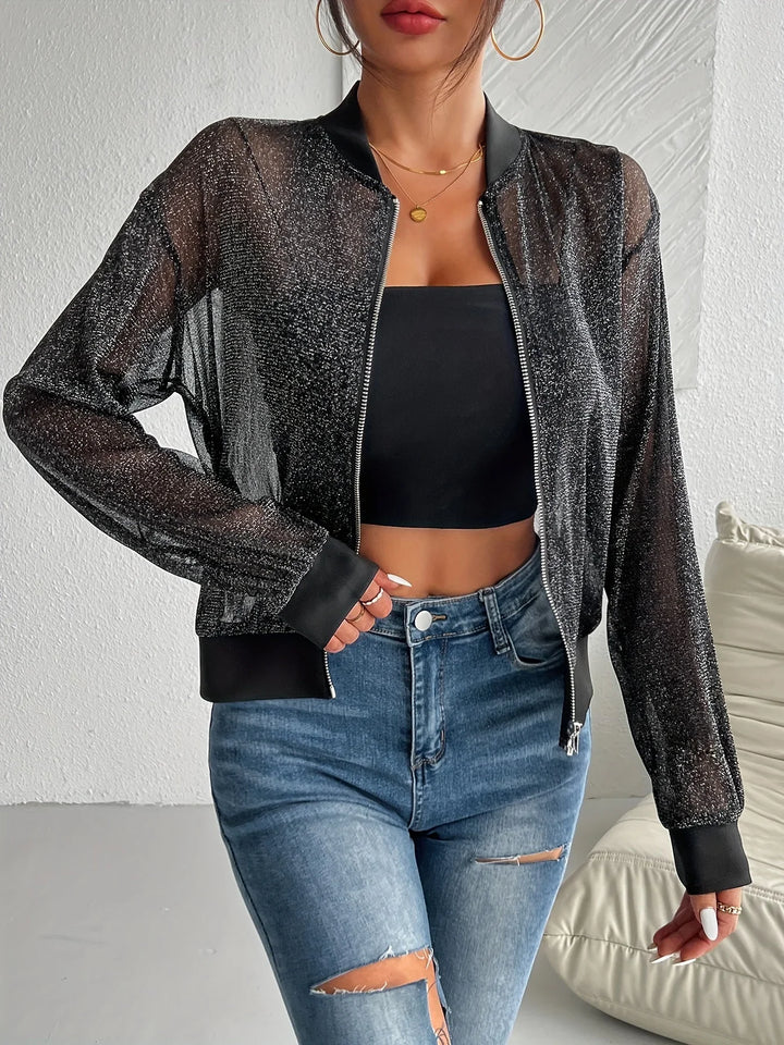 Dames bomberjack | Zwart mesh jas met glitter en rits