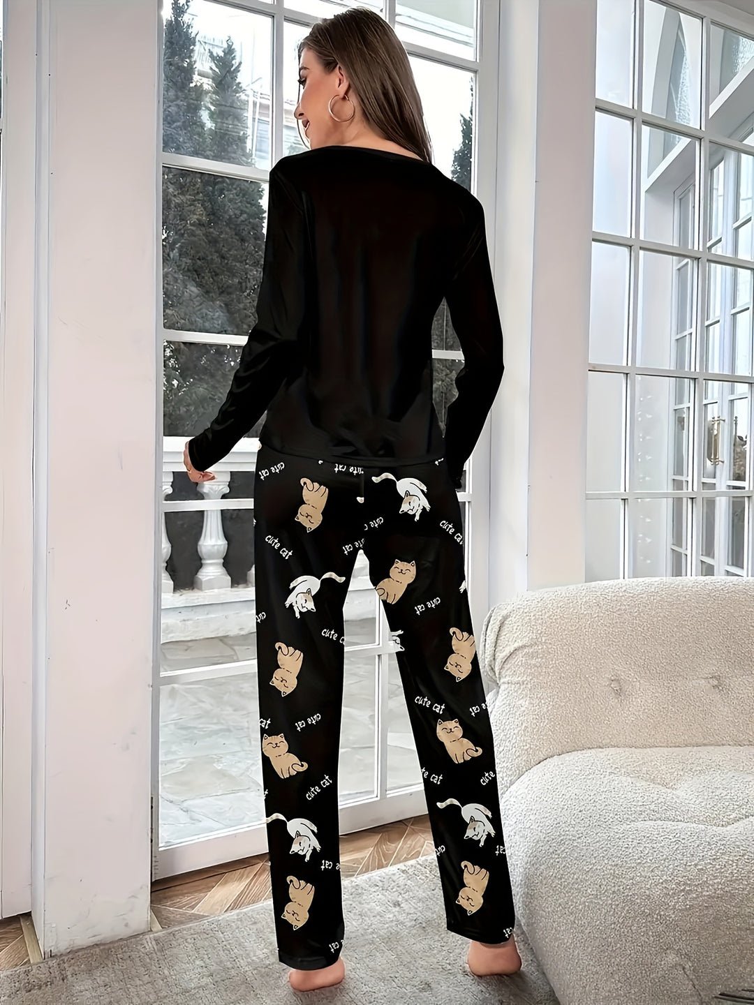 Dames pyjama set met kattenprint | Lange mouw en broek