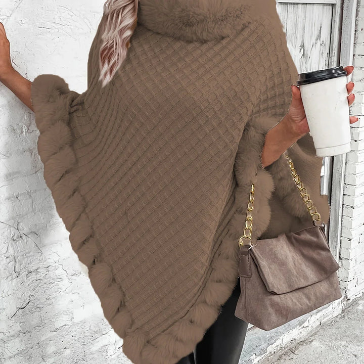Dames poncho | Gebreide winter cape met bontkraag