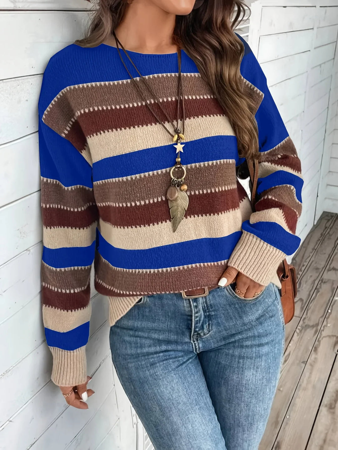 Dames trui | Gestreepte sweater met ronde hals in herfstkleuren