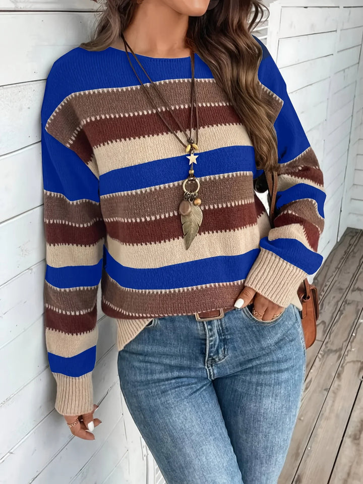 Dames trui | Gestreepte sweater met ronde hals in herfstkleuren
