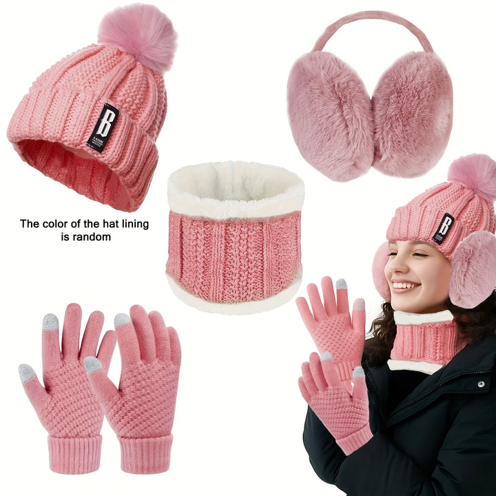 Winter accessoires dames | Gebreide muts met pompon, handschoenen, nekwarmer en oorwarmers set