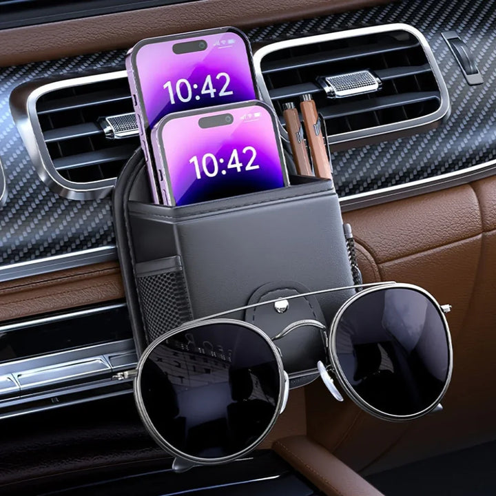 Auto vent organizer | Leren opbergvak met magneet telefoonhouder