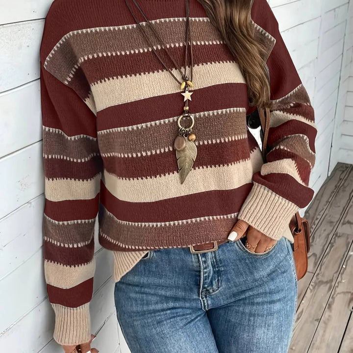 Dames trui | Gestreepte sweater met ronde hals in herfstkleuren