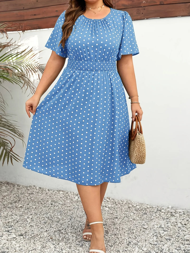 Dames jurk | Groene stippen jurk met elastische taille