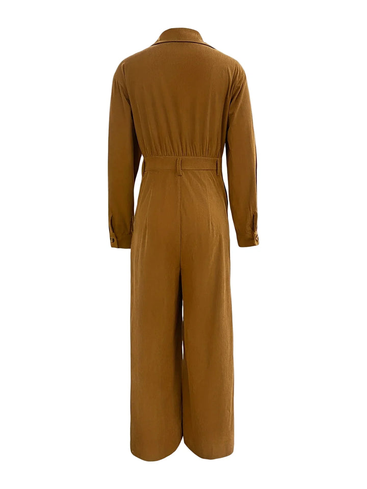 Dames jumpsuit | Corduroy broekpak bruin met knopen en lange mouw