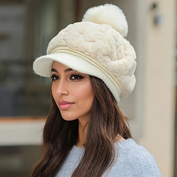 Muts dames met klep | Elegante gebreide winter baret met pompon