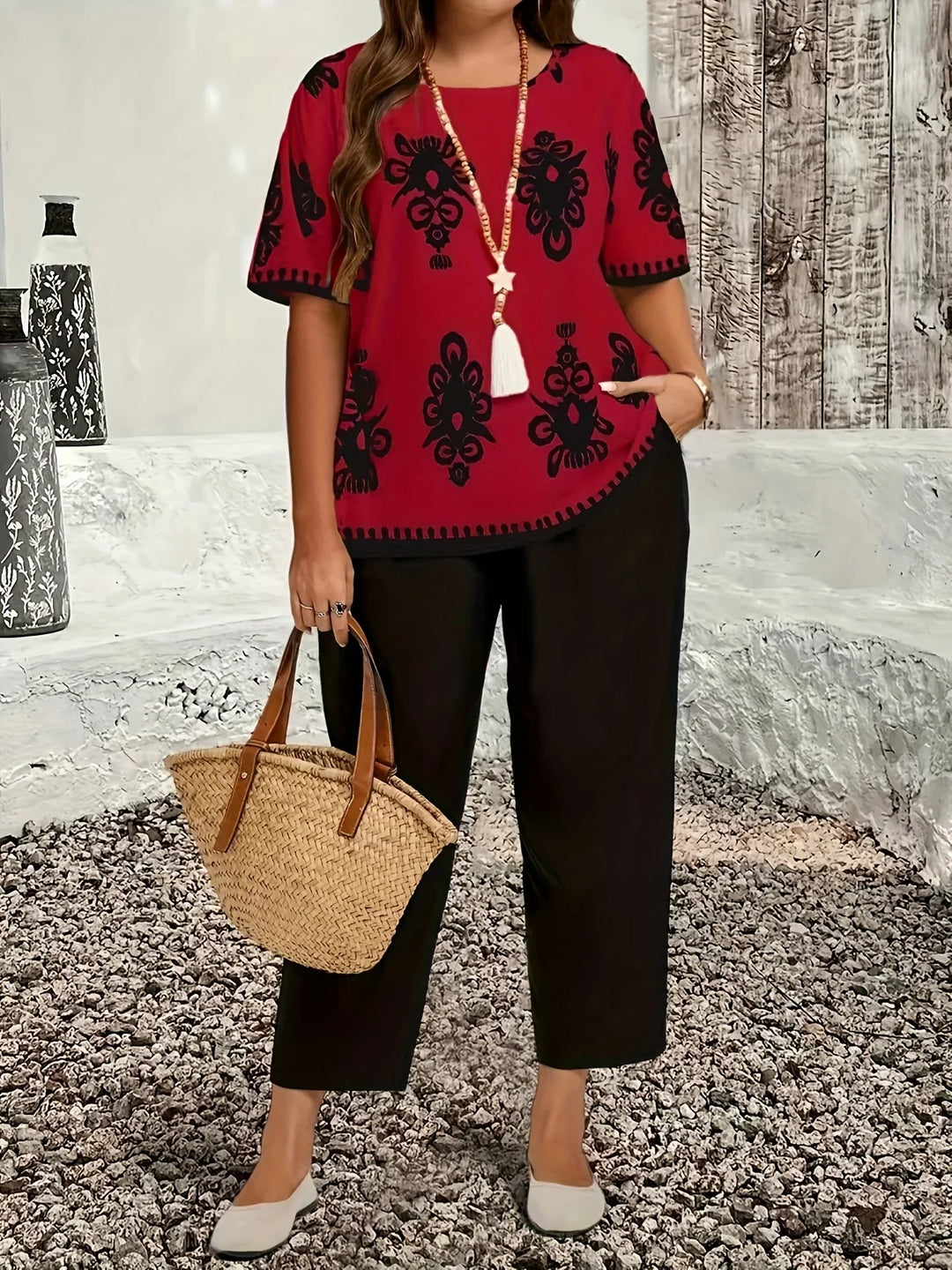 Dames set | Plus size co ord outfit met print top en broek