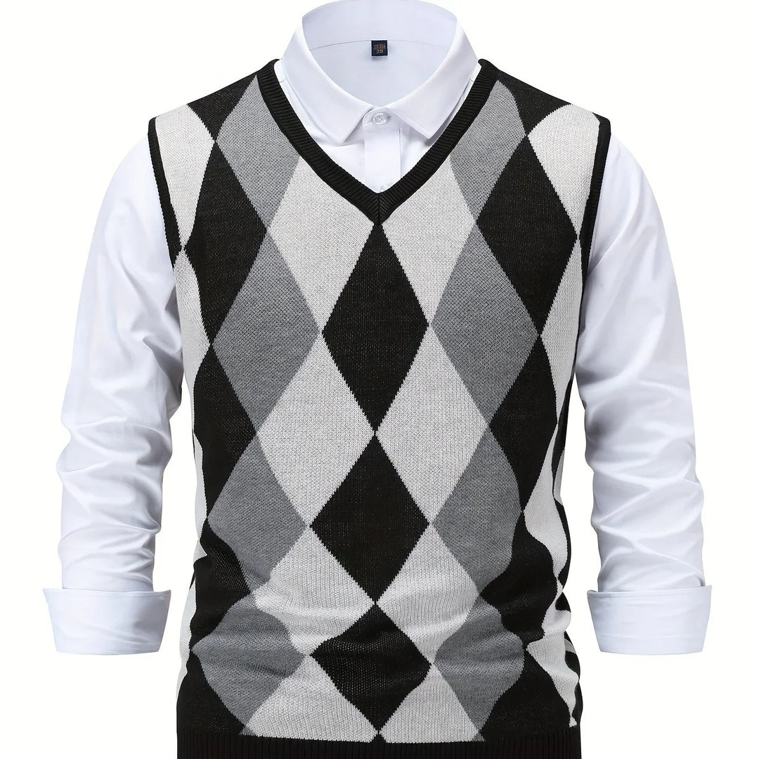 Heren pullover | Gebreide v-hals trui zonder mouwen met ruitpatroon