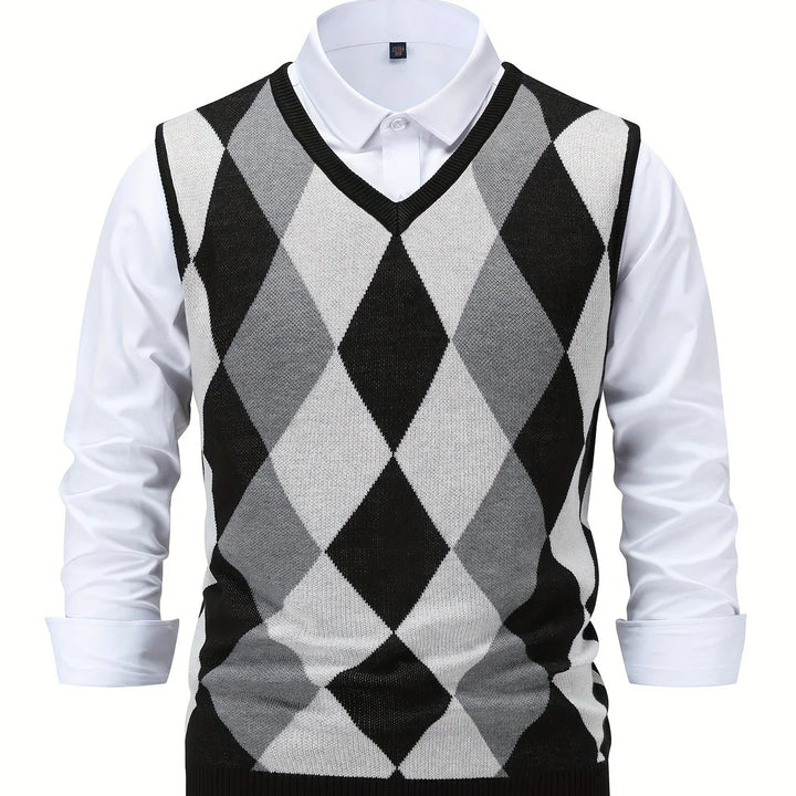 Heren pullover | Gebreide v-hals trui zonder mouwen met ruitpatroon